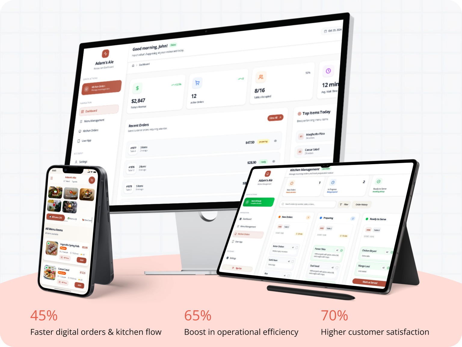 Dinemist Restaurant Management System - Multi-device view showing menu management on desktop, tablet and mobile