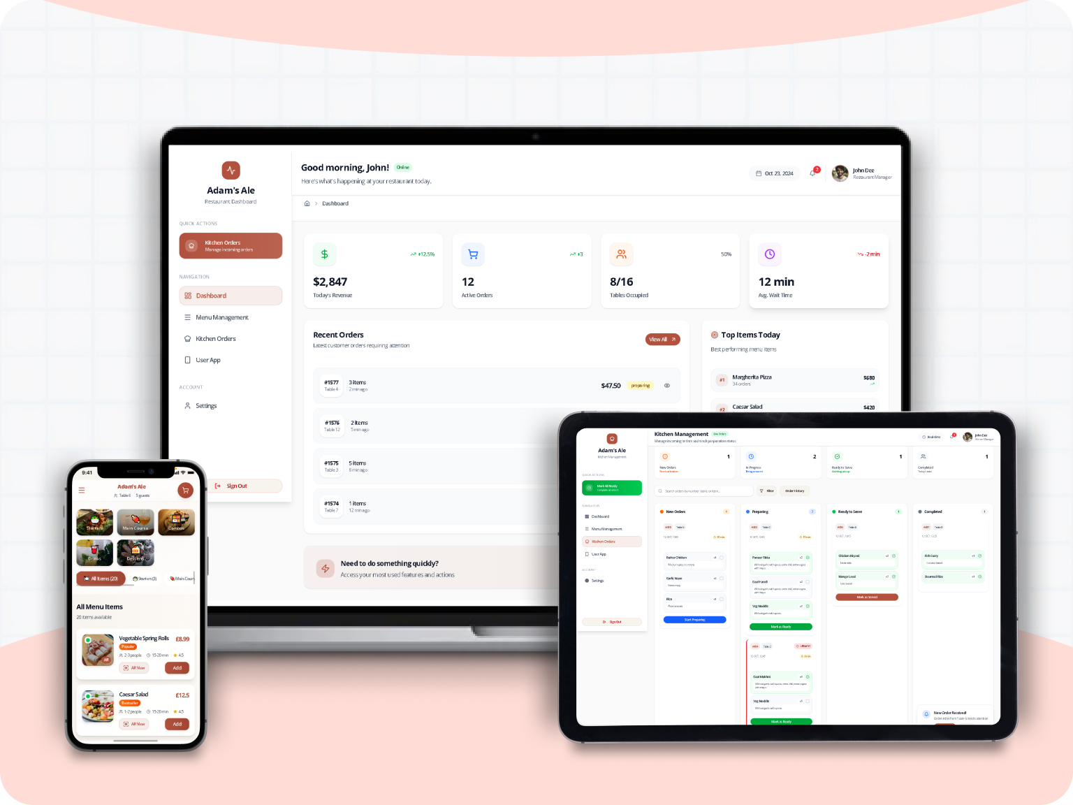 Complete Dinemist system workflow showing admin dashboard, customer mobile menu, and kitchen display system
